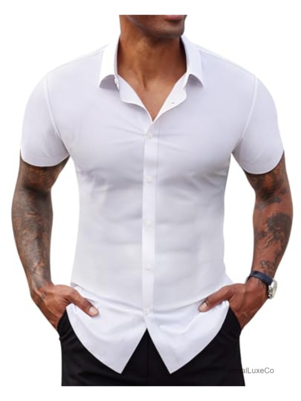 Men's Stretch Dress Shirt Short Sleeve Slim Fit Muscle Fit Button Down